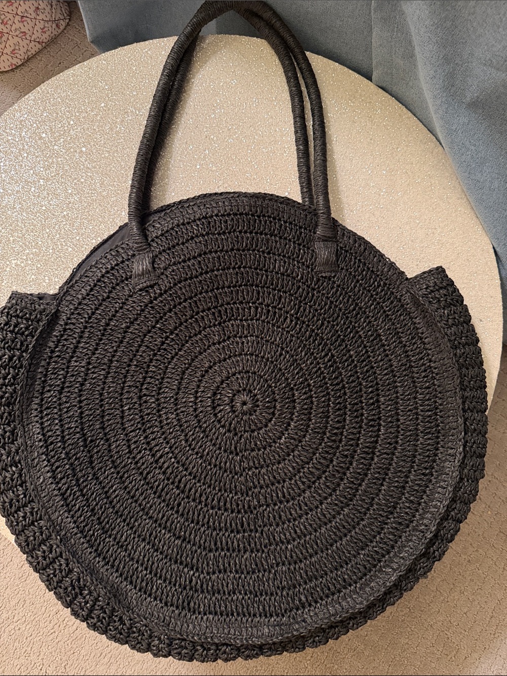 H&M Black Round Crochet Tote Bag with Double Handles